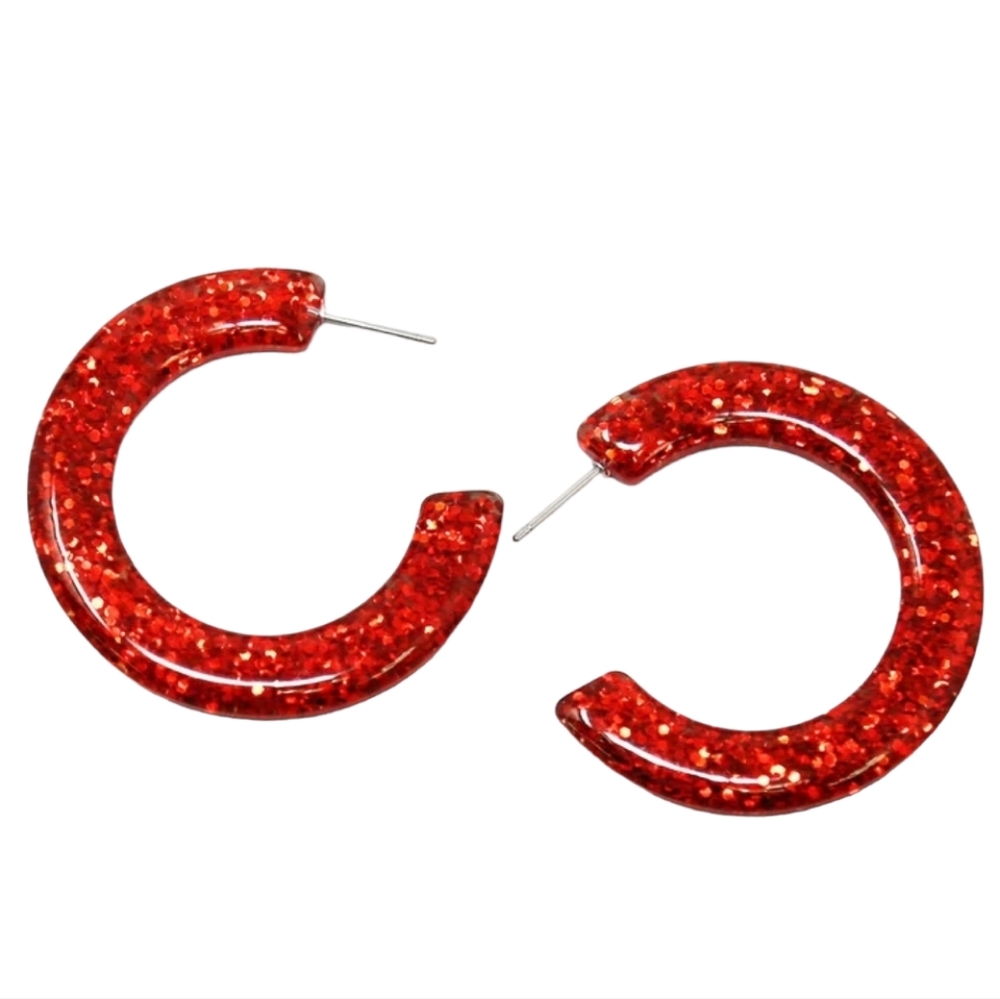 RED GLITTER TRANSLUCENT HOOP EARRING